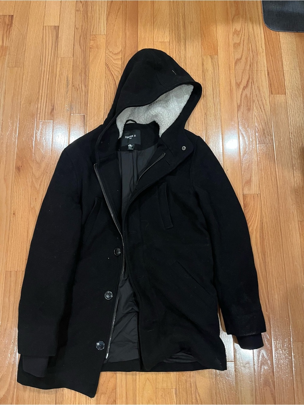 Forever 21 Black Hooded Trench Coat for Men